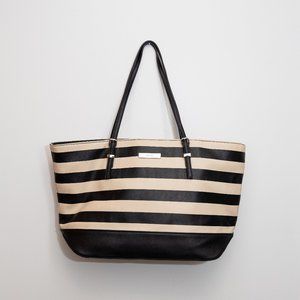 Nine West cream and black striped pebbled leather tote bag